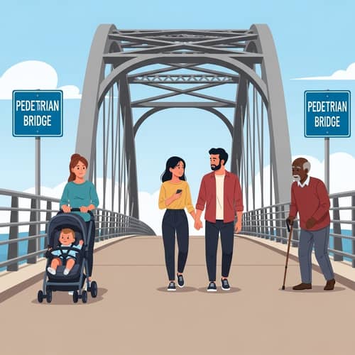 Diverse Scenes on a Pedestrian Bridge: Mother, Couple, Gentleman