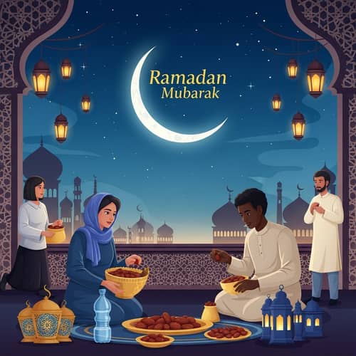 Ramadan Mubarak Scene with Crescent Moon and Lanterns