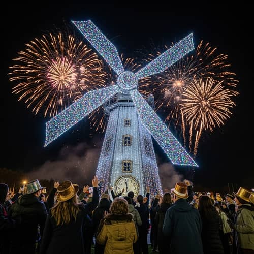 Grand New Year Celebration with Sparkling Turbine Lights