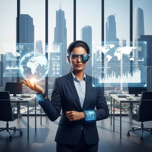 Future-Inspired South Asian Female Entrepreneur in High-Tech Office