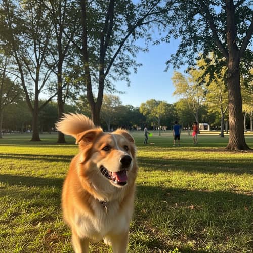Cheerful Fluffy Dog Enjoying Golden Sunlight in Park