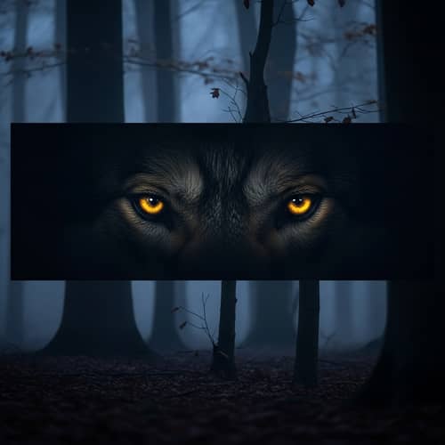 Wolf Eyes in Forest Scene