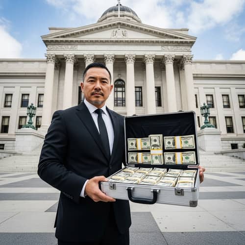 Asian Cryptocurrency Entrepreneur at U.S. Courthouse with Cash