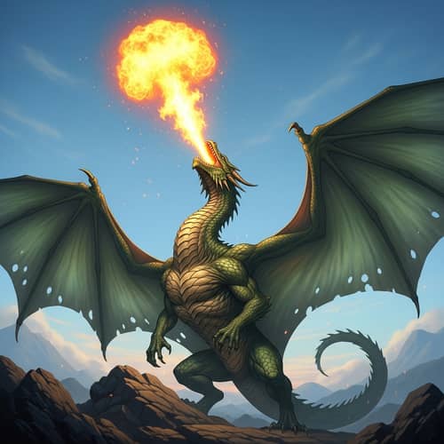 Majestic Green Dragon Breathing Fire | Fantasy Art