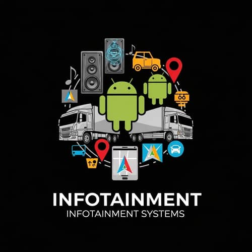 Colorful Infotainment Team Logo with Speakers, Trucks, Android & Navigation