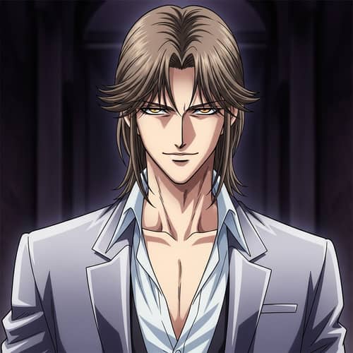 Menacing Anime Character with Sharp Eyes and Slick Suit