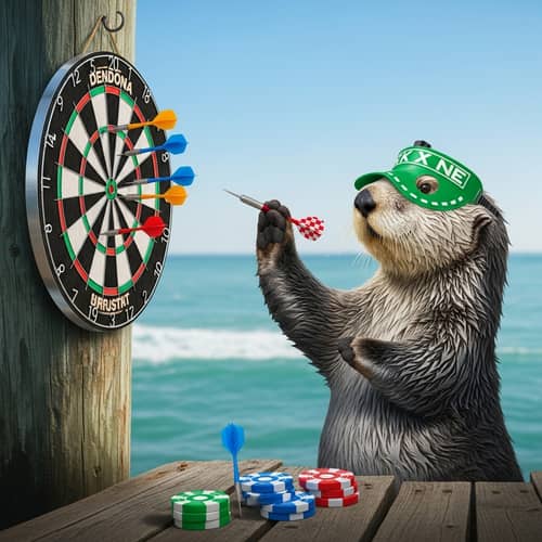 Playful Sea Otter Engrossed in Dart Game on Pier Post