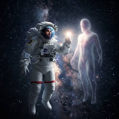 Astounding Scene in Deep Space: Astronaut and Ethereal Being