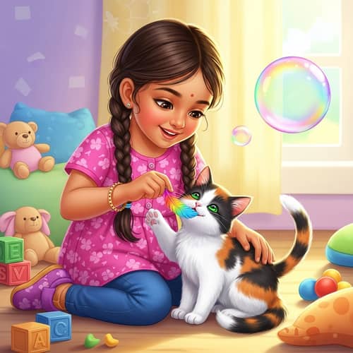Whimsical Bond between Kitten and Young Child
