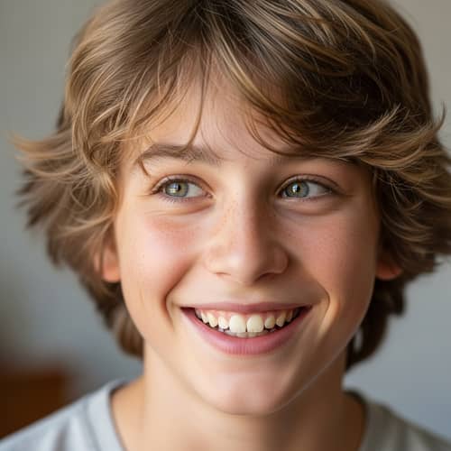 Cheerful 14-Year-Old Caucasian Boy with Fluffy Dirty Blonde Hair and Freckles