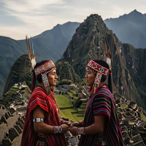 Romantic Incan Men in Machu Picchu at Sunset
