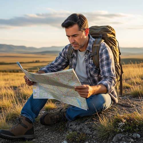 Adventurous Man with Map in Wilderness