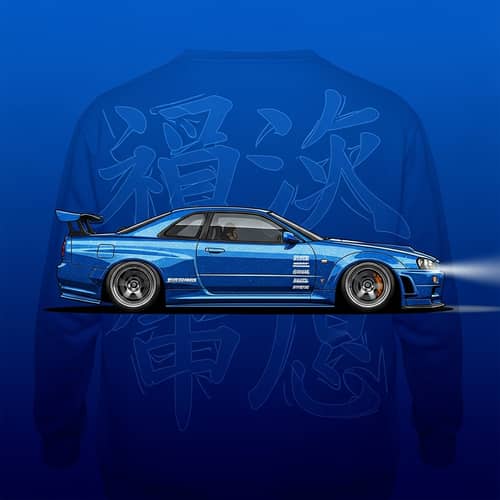 JDM Style Sweatshirt Design with Racing Car on Blue Background