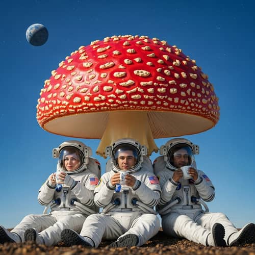 Peaceful Astronauts Sipping Tea Under Red Mushroom Cap