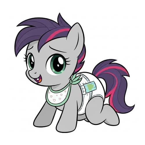 Cute Cartoon Pony in Diaper Crawling with Baby Tooth and Bib