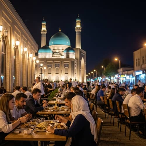 Tashkent Nightlife Scene with Hazrati Imam Mosque and Traditional Mahalla