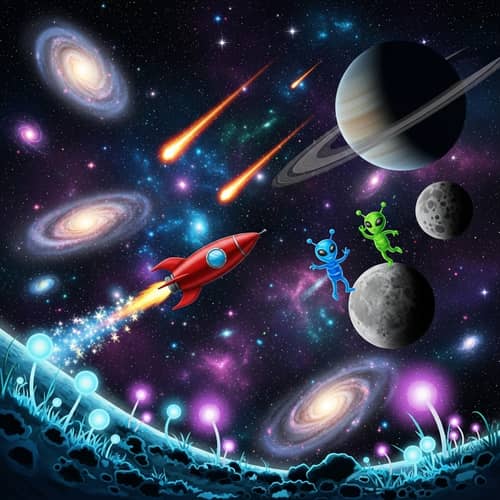 Surreal Cosmic Playground with Rocket Ship and Aliens