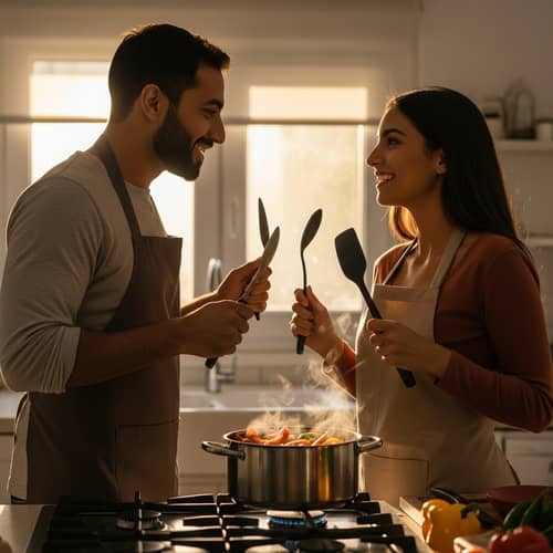 Romantic Cooking Scene: Middle-Eastern Man & Hispanic Woman
