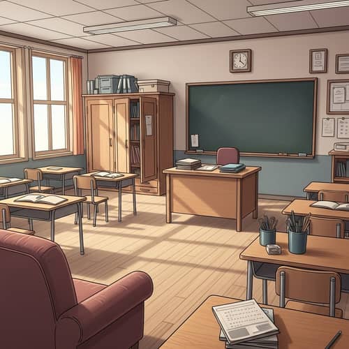 Tranquil Classroom Scene with Armchair, Blackboard, and Cabinet