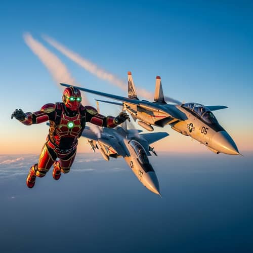 Mechanical Suit Flight Beside F14 Jet in Vibrant Sky