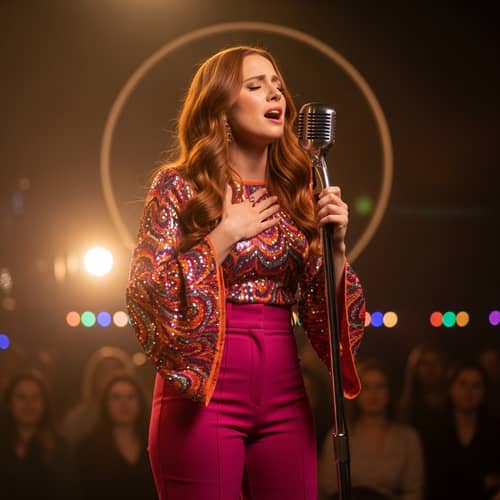 Passionate Singer with Long Red Hair in Vibrant Retro Outfit