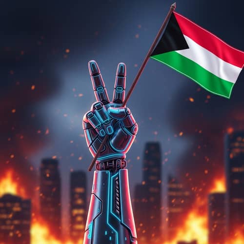 Futuristic Half-Human Half-Robot Fist Making Peace Sign Flag Design