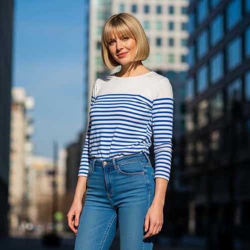 Tall Blonde Woman in White and Blue Striped Shirt and Jeans