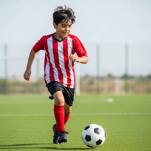 Joyful Middle-Eastern Boy Playing Football on Vibrant Green Pitch