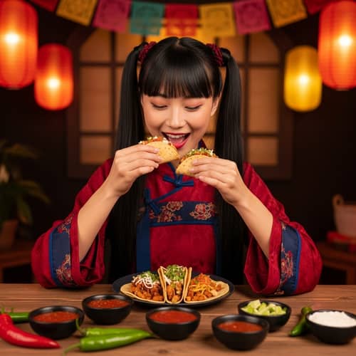 East Asian and Mexican Fusion: Young Woman Enjoying Tacos
