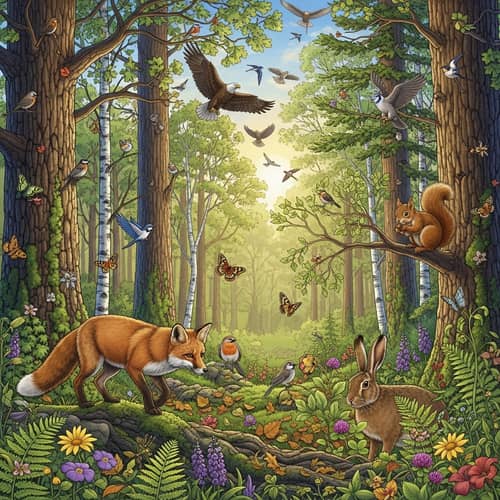 Enchanting Forest Illustration with Wildlife and Birds