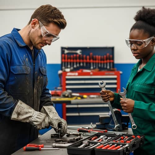 Professional Auto Repair Workshop: Male Mechanic & Female Apprentice