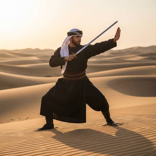 Dynamic Middle-Eastern Warrior in Traditional Islamic Attire