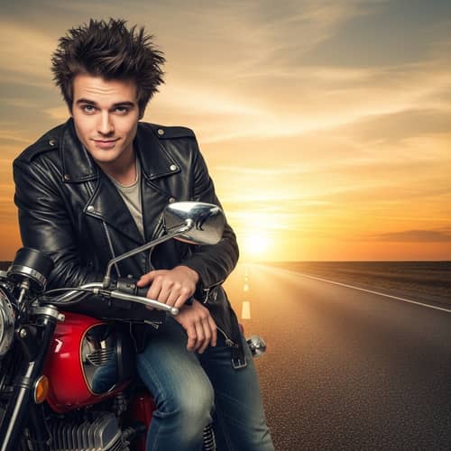 Rebellious Young Man with Vintage Motorcycle | Edgy Bad Boy Image