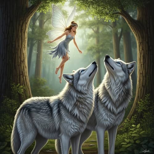 Enchanting Fairy and Majestic Wolves in Serene Forest