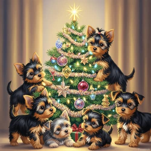Adorable Yorkshire Terrier Puppies Play Around Christmas Tree