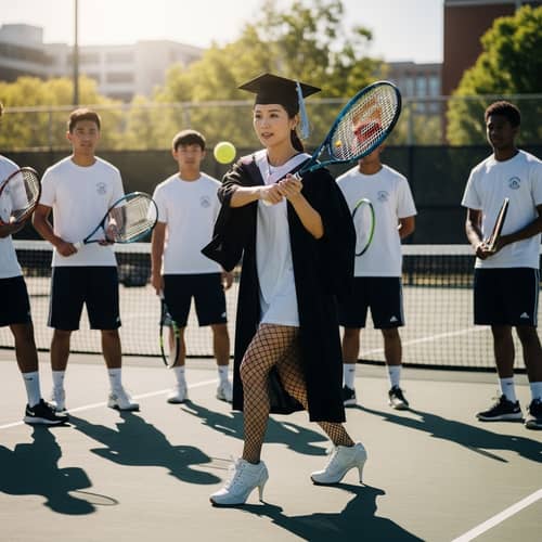 Asian Woman Teaching Tennis in Graduation Gown and Fishnet Stockings