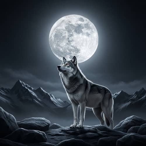 Majestic Wolf under Full Moon: A Scene of Quiet Strength