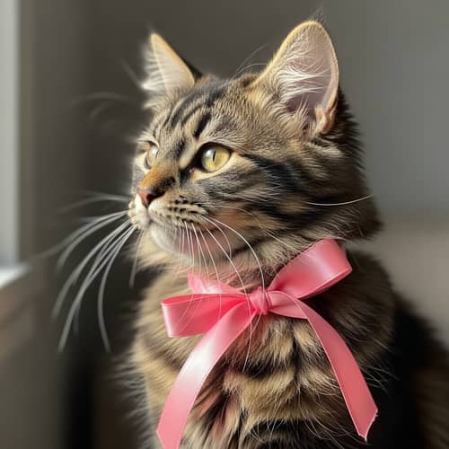Adorable Fluffy Cat with Pink Ribbon | Captivating Image