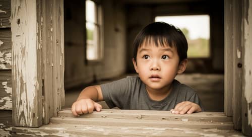 Vintage-Style Photo of Curious East Asian Boy Exploring Abandoned House