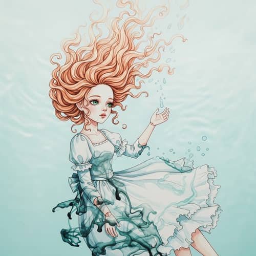 Surreal Paper Doll with Red Curly Hair Dissolving in Water
