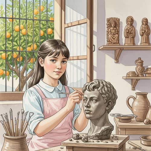 Andalusian Inspired Watercolor Art: Girl Sculpting Clay Bust