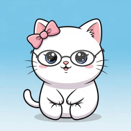 Cute Cartoon Cat with Pink Bow in Kawaii Style