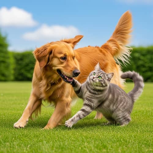 Golden Retriever and Tabby Cat Playful Scene