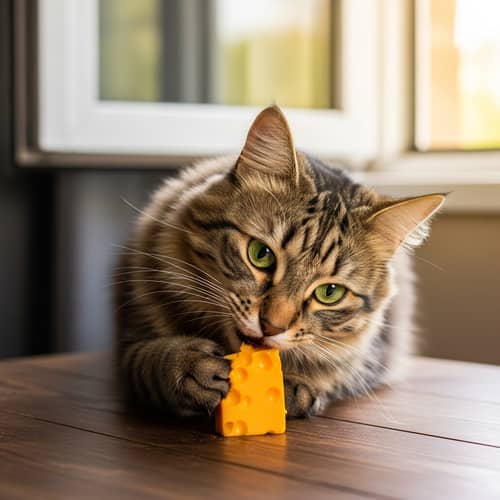 Enchanting Cat Enjoying Cheddar Cheese on Wooden Table