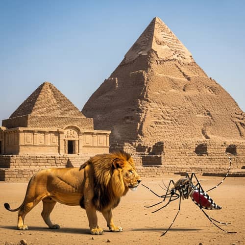 7 Wonders of the World Panorama with Lion and Mosquito Battle