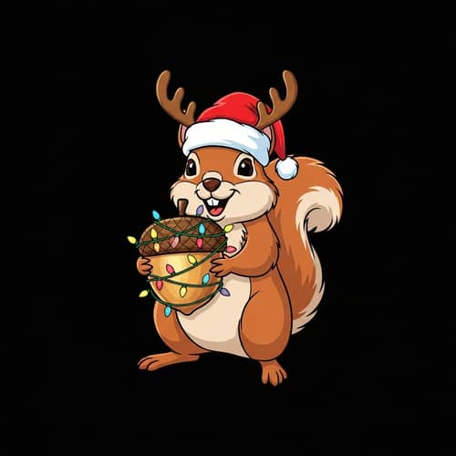 Holiday Squirrel Cartoon with Santa Hat & Reindeer Antlers