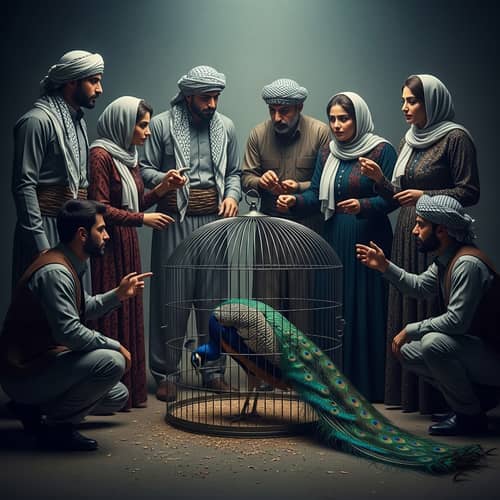 Dramatic Peacock Scene with Kurdish Figures - Emotional Capture