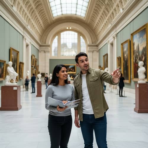 Cultural Exploration: Art Museum Visit by South Asian Woman & Hispanic Man