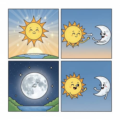 Sun and Moon Comic Strip: Day to Night Transition Story