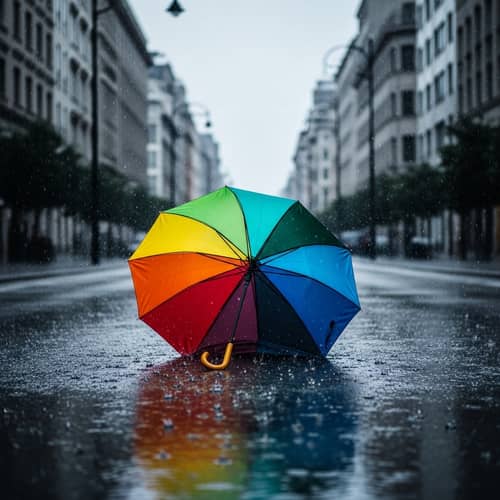 Colorful Discarded Umbrella in Urban Street | Rain Splashes
